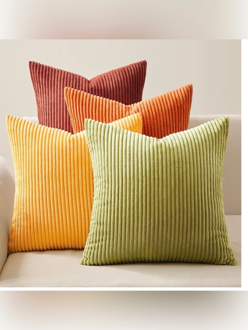 Corduroy Decorative Throw Pillow Insert set - Green, Yellow, Orange, Rust